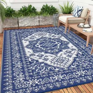 Outdoor Navy Blue & White 10x14 Rug Waterproof Reversible Vintage Medallion Plastic Straw Weather-Resistant UV-Protected Dark Blue/White Patio Deck Picnic