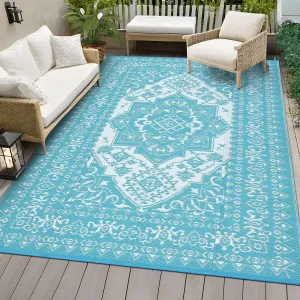 Outdoor Light Blue & White 9x18 Plastic Straw Rug, Waterproof Stain Resistant Reversible Carpet for Camping, Backyard, RV, Patio