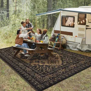 Reversible Outdoor Rug - Large Waterproof & UV Resistant Patio Carpet - Non-Slip, Easy Clean Straw Mat for Deck, Garden, Camping, RV - Vintage Medallion Design - Black Brown, 9x18ft