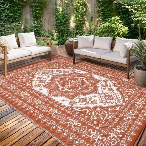 Outdoor Brick Red 10x14 Area Rug, RV Vintage Waterproof Washable Plastic Carpet Stain-Resistant Fade-Resistant Non-Slip Large Camping Patio Rug