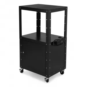 AV Cart, 3-Layer Metal Presentation Cart with Locking Cabinet, Media Cart with Power Strip, Height Adjustable Utility Cart, Heavy- Duty AV Car with 4 Rolling Casters and 2 Locking Brakes for Presenta