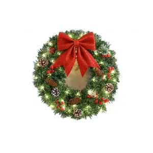 Corona de Navidad de 15.7 pulgadas/19.7 pulgadas con luces LED, corona de piña de bayas predecorada para Navidad, corona de Navidad grande con lazo rojo, decoración para ventanas de puerta delantera,