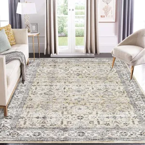 Camel 5x7 Washable Rugs Area Rug Vintage Rug Ultra-Soft Low Pile Rug Non Slip Backing Accent Carpet Boho Distressed Aesthetic Rug Oriental Floral Rug for Living Room Bedroom Nursery Office