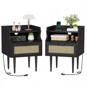 Rattan Nightstand Set of 2, Modern Side Table With Charging Station, Mid Century End Table With Drawer and 2 Open Storage Shelves for Bedroom, Dorm and Small Spaces, Black