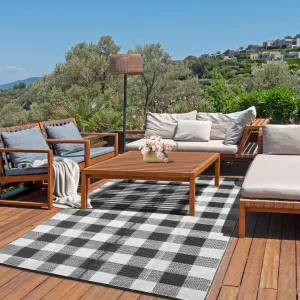 Outdoor Black & White 8x10 Rug, Outdoor Plastic Straw Rug for Camping, RV Mat Outside, Outdoor Carpet for Porch, Deck, Backyard, Balcony, Picnic(Black/White-plaid)