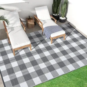Outdoor Grey & White 9x18 for Patios, Reversible Outdoor Plastic Straw Rug for Camping, RV Mat, Checkered Outdoor Rugs,Perfect for Beach, Porch, Balcony, Backyard, Picnic