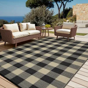 Outdoor Black & Brown 9x18 Rug Waterproof Modern Geometric Patio Rug Outdoor Plastic Straw Rug Large Outdoor Rug Reversible Rug Throw Carept for Rv Baclony Picnic Backyard Deck Porch Beach