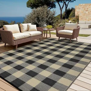 Outdoor Black & Brown 8x10 Rugs for Patios, Reversible Outdoor Plastic Straw Rug for Camping, RV Mat, Checkered Outdoor Rugs,Perfect for Beach, Porch, Balcony, Backyard, Picnic