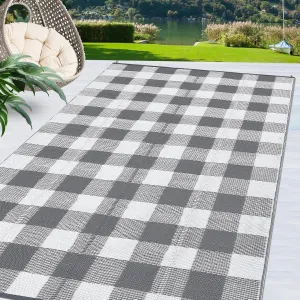 Outdoor Grey & White 8x10 Rugs for Patios, Reversible Outdoor Plastic Straw Rug for Camping, RV Mat, Checkered Outdoor Rugs,Perfect for Beach, Porch, Balcony, Backyard, Picnic