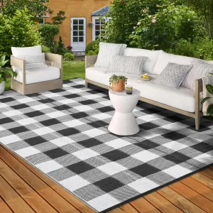 Outdoor Black & White 10x14 Rug, Outdoor Plastic Straw Rug for Camping, RV Mat Outside, Outdoor Carpet for Porch, Deck, Backyard, Balcony, Picnic