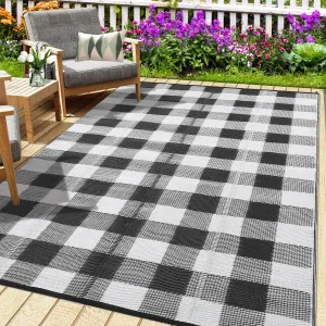 Outdoor Black & White 9x12 Rug – Reversible Checkered Waterproof Plastic Straw Rug for Patio, Deck, RV, Backyard, Picnic, Camp, Beach, or Balcony