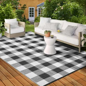 Outdoor Black & White 9x18 Rug, Outdoor Plastic Straw Rug for Camping, RV Mat Outside, Outdoor Carpet for Porch, Deck, Backyard, Balcony, Picnic