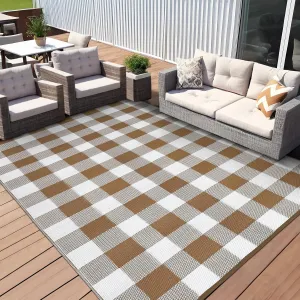 Outdoor Brown & White Rugs 9x18 for Patios, Reversible Outdoor Plastic Straw Rug for Camping, RV Mat, Checkered Outdoor Rugs,Perfect for Beach, Porch, Balcony, Backyard, Picnic(Brown/White-plaid)