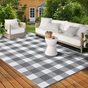 Outdoor Grey & White Rug 9x12 Reversible Patio Rug Outdoor Plastic Straw Rug Checkered Washable Rug Waterproof for Deck RV Outside Rug for Patio Backyard Picnic Camp Beach Balcony