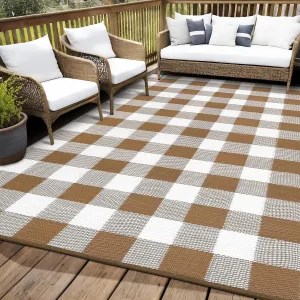 Outdoor Brown & White Rugs 9x12 for Patios, Reversible Outdoor Plastic Straw Rug for Camping, RV Mat, Checkered Outdoor Rugs,Perfect for Beach, Porch, Balcony, Backyard, Picnic