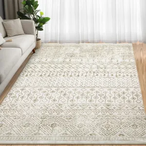 Washable Area Rug, Moroccan Farmhouse Neutral Geometric Stain Resistant Rug for Living Room Bedroom Low Pile Water Repellent Ultra Soft Faux Wool Cream / Brown 5x7
