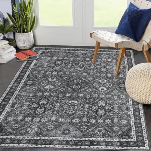 5x7 Washable Area Rug Gray Vintage Rug Traditional Floor Cover Foldable Thin Rug Kitchen Accent Rug Indoor Distressed Non Slip Carpet Floral Print Mat Bedroom Living Room Bathroom