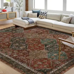 Persian Red 9x12 Area Rug Washable Rug Vintage Floral Rug Non Slip Retro Distressed Thin Country Farmhouse Rug Floor Cover Farmhouse Rug Carpet for Kitchen Living Room Bedroom Dining Room