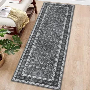 Washable Rug Runner 2x6 Washable Runner Vintage Rug Traditional Rug Non-Slip Grey Runner Rugs with Rubber Backing Low-Pile Ultra-Soft Distressed Rug for Kitchen Bedroom