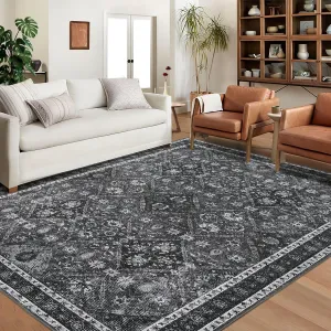 Area Rug 9x12 Washable Rug Gray Vintage Rug Traditional Mat Distressed Indoor Foldable Thin Rug Retro Accent Rug Floral Print Rug Non Slip Carpet Living Room Dining Room Office