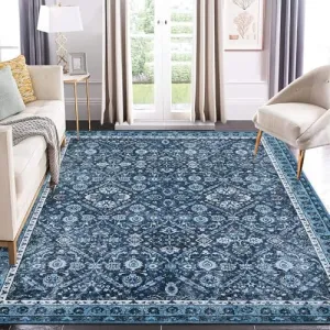 Washable Area Rug 8x10 Large Vintage Oriental Rugs for Living Room Soft Vintage Bedroom Rug Ultra-Thin Traditional Floral Carpet Stain Resistant Rug for Dining Room Guest Room Home Decor 8x10
