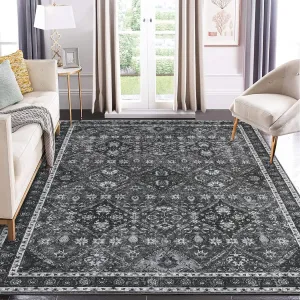 Area Rug 8x10 Washable Rug Gray Vintage Rug Traditional Mat Distressed Indoor Foldable Thin Rug Retro Accent Rug Floral Print Rug Non Slip Carpet Living Room Dining Room Office