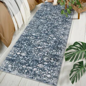 Washable Rugs 2x6 Runner Rug for Kitchen Entryway Distressed Vintage for Living Room Bedroom Oriental Floral Office Rug Low Pile Neutral Soft Nursery Rug Non Slip Farmhouse Floor Cover Blue