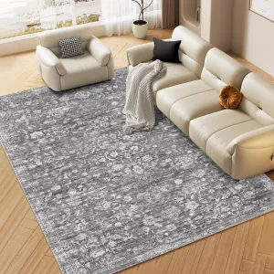 Area Rug Washable Rugs for Living Room Bedroom Office Nursery Vintage Floral Area Rug Distressed Oriental Rug Low Pile Neutral Soft Rug Non Slip Farmhouse Floor Cover Grey 9'x12'