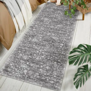 Runner Rug Washable Rugs for Kitchen Entryway Living Room Bedroom Office Nursery Vintage Floral Area Rug Distressed Oriental Rug Low Pile Non Slip Neutral Soft Rug Grey 2'x6'