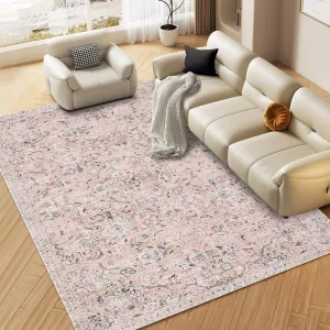 Washable Area Rug 5x7 Rug for Living Room Vintage Floral Area Rug for Bedroom Retro Non Slip Throw Rugs Soft Low Pile Stain Resistant Carpet for Dining Room Nursery Rug 5'x7' Pink