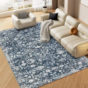 Washable Rugs 8x10 Rug Distressed Vintage for Living Room Bedroom Oriental Floral Office Rug Low Pile Neutral Soft Nursery Rug Non Slip Farmhouse Floor Cover Blue