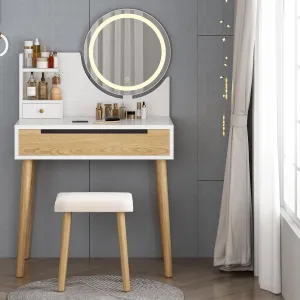 31.5" Vanity Desk with Stool, Makeup Table with 2 Drawers, Makeup Vanity Desk with Touch Light Mirror- White