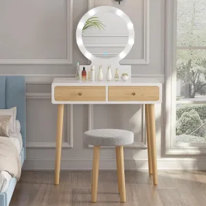 31.5" Vanity Desk with Stool, Makeup Table with 2 Drawers, Makeup Vanity Desk with Touch Light Mirror- White