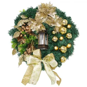 Christmas Wreath for Front Door, 15.7Inch Handmade Artifical Christmas Wreath No Fading Decorative Garland for Indoor Outdoor Windows Golden lamp