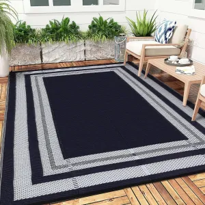 Outdoor Black-Blue 9x18 Waterproof Plastic Straw Rug Reversible Rug Modern Washable Rug Indoor Outdoor Carpet for Patios, Decks, Porch, Camper, Balcony, Backyard, Picnic and RVs Panel