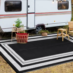 Outdoor Rug 10x14 Waterproof Reversible Plastic Straw Rug for Patio Camping Black/White Panel