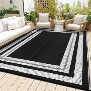 Outdoor Black & White 9x12 Waterproof Reversible Rug Plastic Straw Rug for Patios, Decks, Porch, Camper, Balcony, Backyard, Picnic, RVs - Modern Washable Rug Foldable Outdoor Carpet Panel