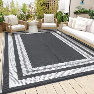 Outdoor Grey & White 9x18 Plastic Waterproof Straw Rug Reversible Rug Modern Washable Rug Indoor Outdoor Carpet for Patios, Decks, Porch, Camper, Balcony, Backyard, Picnic and RVs Panel
