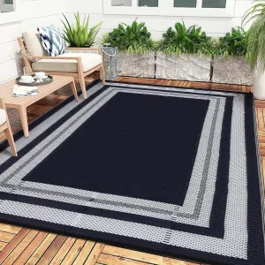 Outdoor Black-Blue 9x12 Waterproof Reversible Rug Plastic Straw Rug for Patios, Decks, Porch, Camper, Balcony, Backyard, Picnic, RVs - Modern Washable Rug Foldable Outdoor Carpet Panel