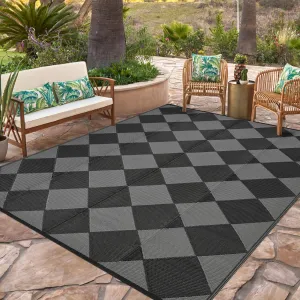 Outdoor Rug 9x12 Waterproof Reversible Patio Rug Black/Grey Diamond for Camping, RV, Porch, Balcony, Picnic, Beach, Backyard