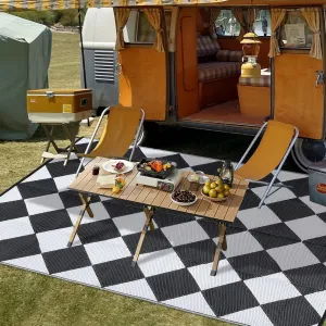 10×14 Outdoor Rug Waterproof, Reversible Black & White Geometric Patio Rug, Lightweight PP Plastic Straw Rug with 4 Stakes & Carry Bag for RV, Deck, Balcony & Camping