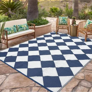 Outdoor Navy & White 8x10 Rug Waterproof Reversible Outdoor Plastic Straw Rug with 4 Stakes & Portable Bag Boho Patio Rugs Carpet RV Mat Outside for Patio Camp Balcony Deck Picnic