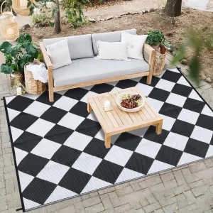 9×12 Outdoor Rug, Waterproof Reversible Black & White Geometric Patio Rug, Lightweight PP Plastic Straw Rug with Stakes for RV, Deck, Balcony & Camping