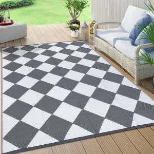 Outdoor Grey & White 9x12 Rug – Waterproof Reversible Plastic Straw Rug, Modern Geometric Camping Carpet, Portable Large Area Rug for Patio, RV, Porch, Balcony, or Picnic