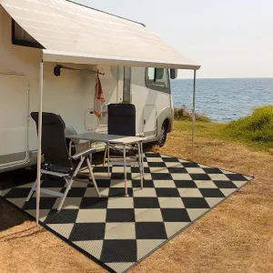 Outdoor Black & Coffee 10x14 Rug Waterproof Reversible Patio Deck Plastic Straw UV-Resistant Foldable Camping Mat with Stakes for Beach Picnic