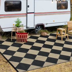 Outdoor Black & Coffee 9x12 Waterproof Reversible Rugs - Plastic Straw Geometric Rug for Patio/RV/Camping