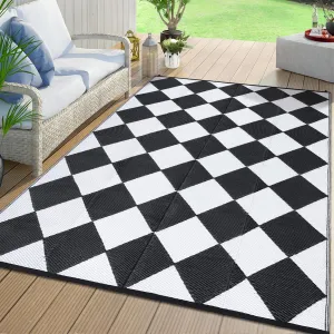 Outdoor Black & White 8x10 Plastic Straw Rug Waterproof Reversible Lightweight Durable Patio Mat with Corner Loops for Camping Beach Picnic