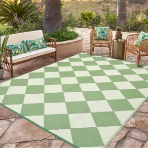Outdoor Rug 9x18 ft Waterproof Reversible Plastic Straw Mat for Patio Camping RV Porch Balcony Green Diamond