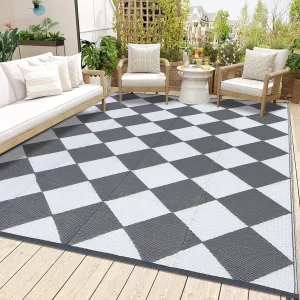 Outdoor Grey & White 9x18 Rug Waterproof Reversible Plastic Straw Rug with 4 Stakes & Portable Bag Boho Patio Rugs Carpet RV Mat Outside for Patio Camp Balcony Deck Picnic