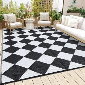 Outdoor Black & White 9x18 Rug Waterproof Reversible Outdoor Plastic Straw Rug with 4 Stakes & Portable Bag Boho Patio Rugs Carpet RV Mat Outside for Patio Camp Balcony Deck Picnic